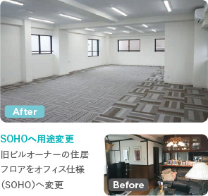 SOHOへ用途変更 旧ビルオーナーの住居フロアをオフィス仕様（SOHO）へ変更 before after