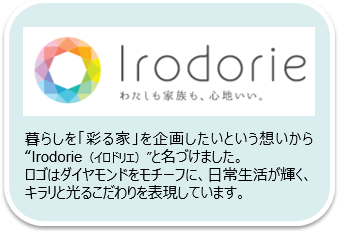 暮らしを「彩る家」を企画したいという想いから「Irodorie（イロドリエ）」と名づけました。ロゴはダイヤモンドをモチーフに、日常生活が輝く、キラリと光るこだわりを表現しています。